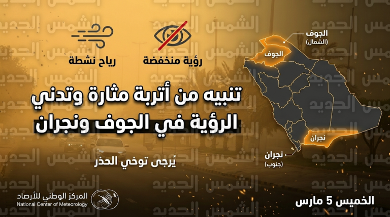 الأرصاد تحذر من أتربة مثارة وتدني الرؤية في الجوف ونجران غداً الخميس 5 مارس